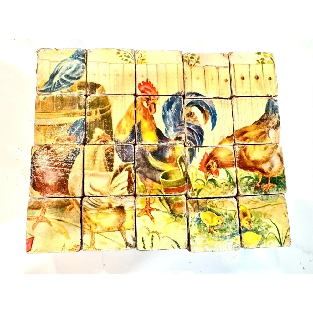 Vintage Farmhouse Wooden Picture Blocks Puzzle Chicken Horse Kitten‎ Cottagecore